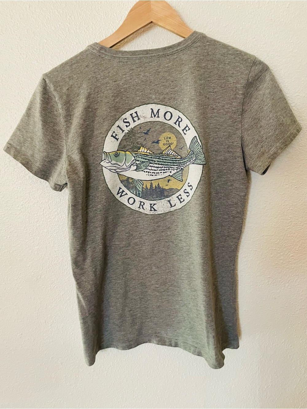 Life Is Good Gray 'Fish More Work Less' Graphic Tee Size Medium Women’s